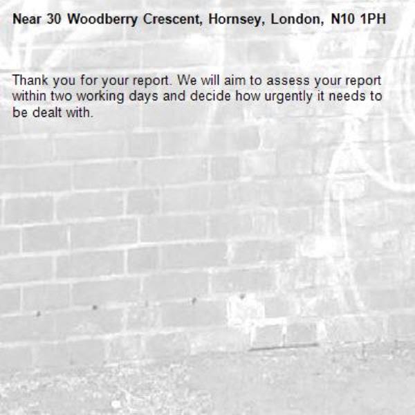 Thank you for your report. We will aim to assess your report within two working days and decide how urgently it needs to be dealt with.-30 Woodberry Crescent, Hornsey, London, N10 1PH