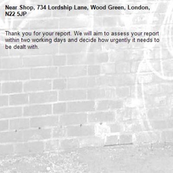 Thank you for your report. We will aim to assess your report within two working days and decide how urgently it needs to be dealt with.-Shop, 734 Lordship Lane, Wood Green, London, N22 5JP