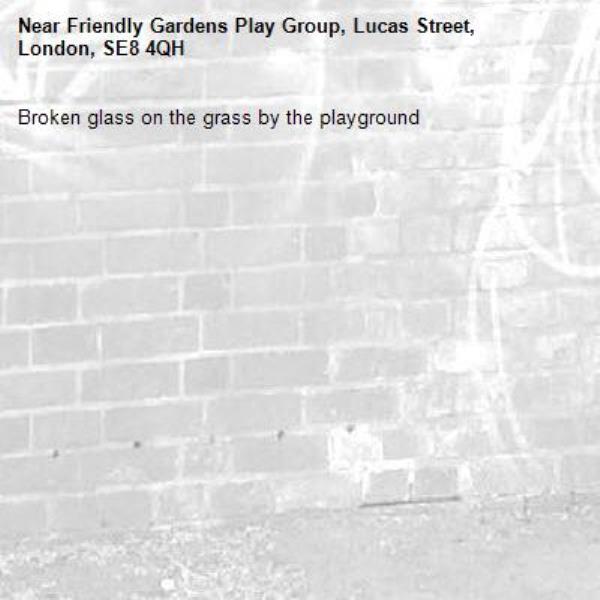 Broken glass on the grass by the playground -Friendly Gardens Play Group, Lucas Street, London, SE8 4QH