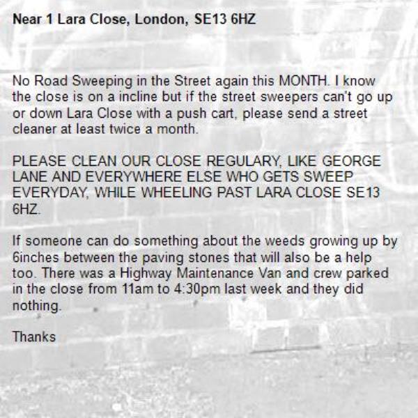No Road Sweeping in the Street again this MONTH. I know the close is on a incline but if the street sweepers can't go up or down Lara Close with a push cart, please send a street cleaner at least twice a month. 

PLEASE CLEAN OUR CLOSE REGULARY, LIKE GEORGE LANE AND EVERYWHERE ELSE WHO GETS SWEEP EVERYDAY, WHILE WHEELING PAST LARA CLOSE SE13 6HZ.

If someone can do something about the weeds growing up by 6inches between the paving stones that will also be a help too. There was a Highway Maintenance Van and crew parked in the close from 11am to 4:30pm last week and they did nothing. 

Thanks -1 Lara Close, London, SE13 6HZ