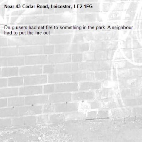 Drug users had set fire to something in the park. A neighbour had to put the fire out -43 Cedar Road, Leicester, LE2 1FG