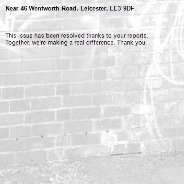 This issue has been resolved thanks to your reports.
Together, we’re making a real difference. Thank you.
-46 Wentworth Road, Leicester, LE3 9DF