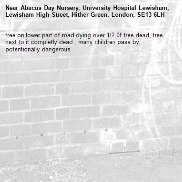 tree on lower part of road dying over 1/2 0f tree dead, tree next to it completly dead , many children pass by, potentionally dangerous-Abacus Day Nursery, University Hospital Lewisham, Lewisham High Street, Hither Green, London, SE13 6LH