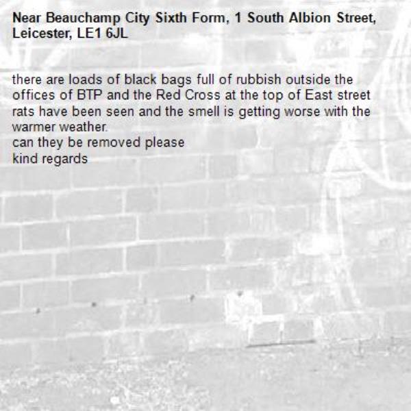 there are loads of black bags full of rubbish outside the offices of BTP and the Red Cross at the top of East street
rats have been seen and the smell is getting worse with the warmer weather.
can they be removed please 
kind regards-Beauchamp City Sixth Form, 1 South Albion Street, Leicester, LE1 6JL