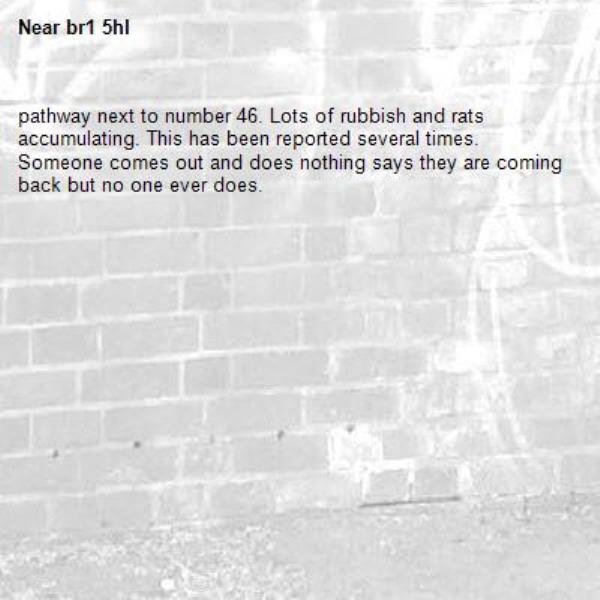 pathway next to number 46. Lots of rubbish and rats accumulating. This has been reported several times. Someone comes out and does nothing says they are coming back but no one ever does.-br1 5hl