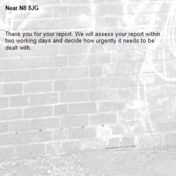 Thank you for your report. We will assess your report within two working days and decide how urgently it needs to be dealt with.-N8 8JG