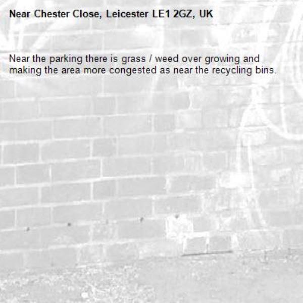 Near the parking there is grass / weed over growing and making the area more congested as near the recycling bins. -Chester Close, Leicester LE1 2GZ, UK