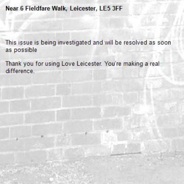 
This issue is being investigated and will be resolved as soon as possible

Thank you for using Love Leicester. You’re making a real difference.

-6 Fieldfare Walk, Leicester, LE5 3FF