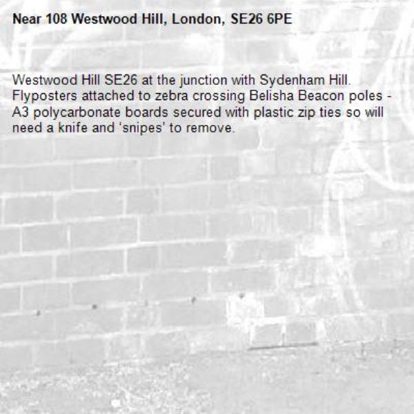 Westwood Hill SE26 at the junction with Sydenham Hill.  Flyposters attached to zebra crossing Belisha Beacon poles - A3 polycarbonate boards secured with plastic zip ties so will need a knife and ‘snipes’ to remove.-108 Westwood Hill, London, SE26 6PE