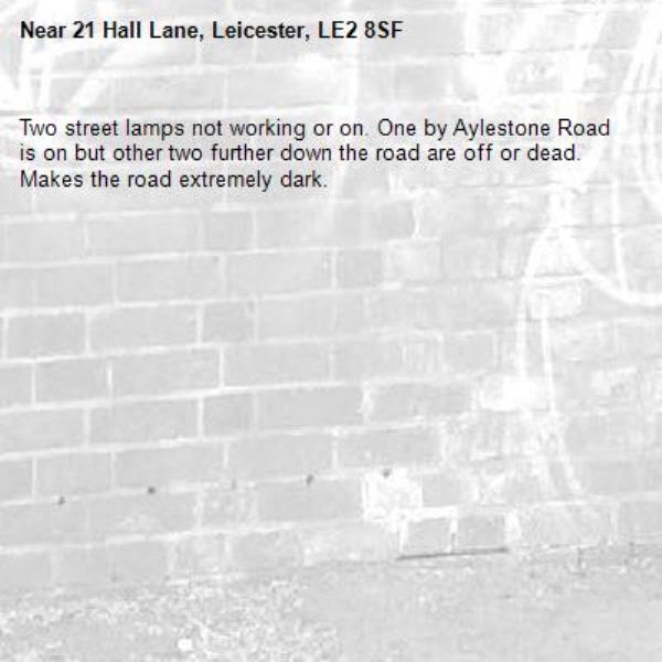 Two street lamps not working or on. One by Aylestone Road is on but other two further down the road are off or dead. Makes the road extremely dark. -21 Hall Lane, Leicester, LE2 8SF