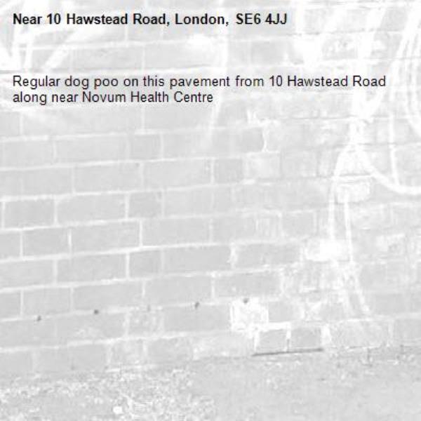 Regular dog poo on this pavement from 10 Hawstead Road along near Novum Health Centre-10 Hawstead Road, London, SE6 4JJ