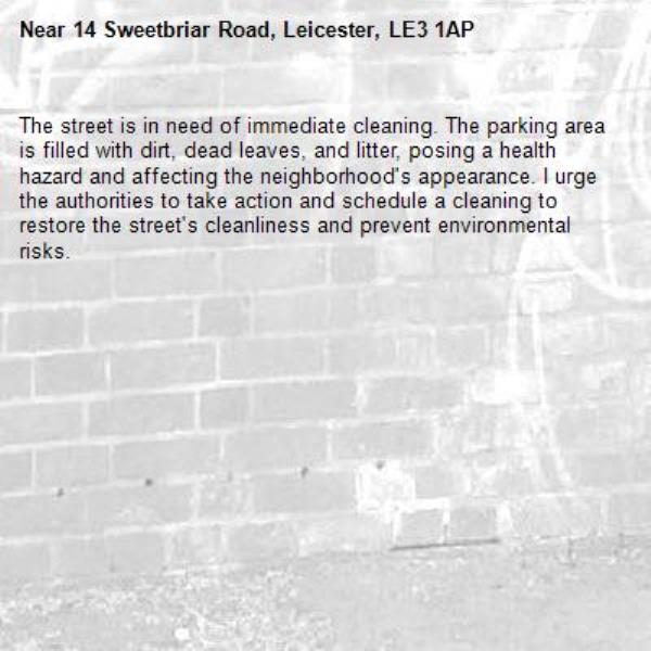 The street is in need of immediate cleaning. The parking area is filled with dirt, dead leaves, and litter, posing a health hazard and affecting the neighborhood's appearance. I urge the authorities to take action and schedule a cleaning to restore the street's cleanliness and prevent environmental risks.-14 Sweetbriar Road, Leicester, LE3 1AP