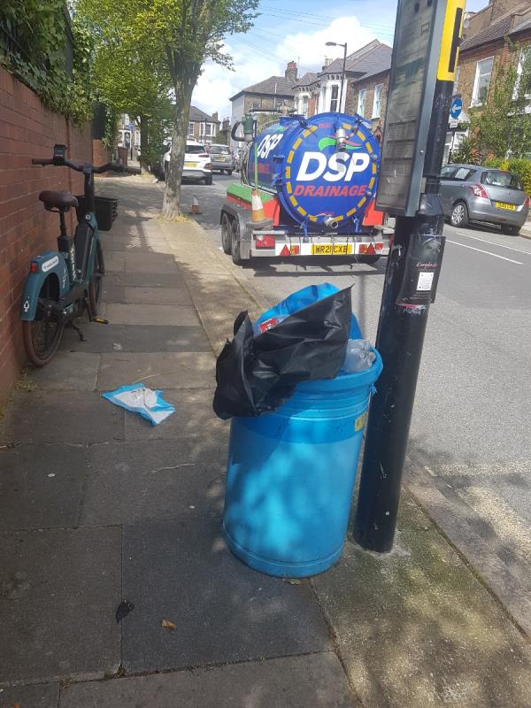 Over full bin. Rubbish bags. Incontinence pad on pavemrnt-23 Sprules Road, London, SE4 2NL