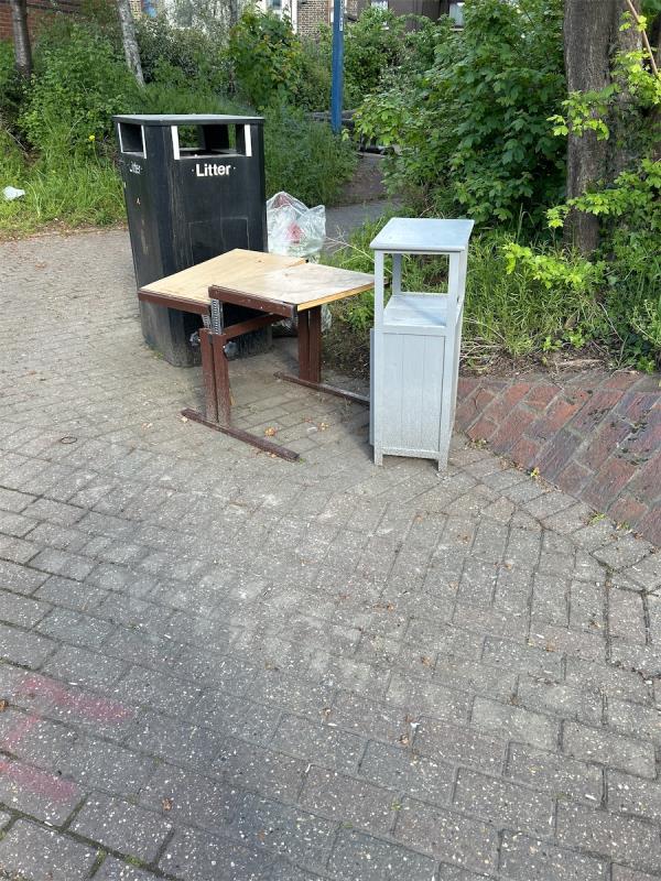 Furniture by the litter bin at the end of Hanameel St by N Woolwich Rd junction -2 Hanameel Street, Silvertown, London, E16 2AS