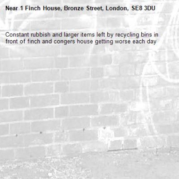 Constant rubbish and larger items left by recycling bins in front of finch and congers house getting worse each day -1 Finch House, Bronze Street, London, SE8 3DU
