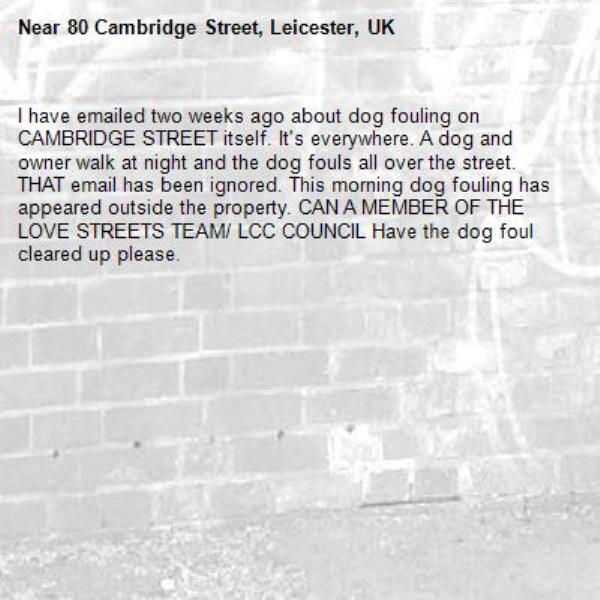 I have emailed two weeks ago about dog fouling on CAMBRIDGE STREET itself. It's everywhere. A dog and owner walk at night and the dog fouls all over the street. THAT email has been ignored. This morning dog fouling has appeared outside the property. CAN A MEMBER OF THE LOVE STREETS TEAM/ LCC COUNCIL Have the dog foul cleared up please. -80 Cambridge Street, Leicester, UK