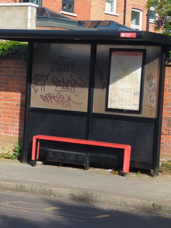 Tags all over bus shelter-3 Torridon Road, London, SE6 1AQ