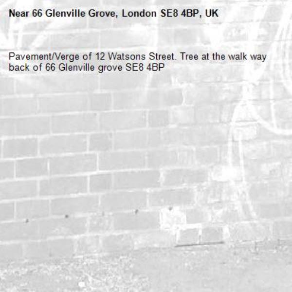 Pavement/Verge of 12 Watsons Street. Tree at the walk way back of 66 Glenville grove SE8 4BP-66 Glenville Grove, London SE8 4BP, UK