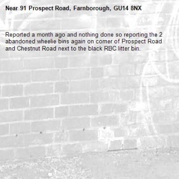 Reported a month ago and nothing done so reporting the 2 abandoned wheelie bins again on corner of Prospect Road and Chestnut Road next to the black RBC litter bin.-91 Prospect Road, Farnborough, GU14 8NX