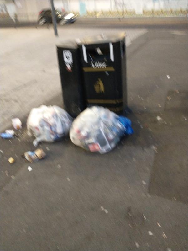 Both bins at bus stop G Custom House Station emptied, but bags left by biins and have been ripped open by pigeons -264 Victoria Dock Road, Canning Town, London, E16 3BU