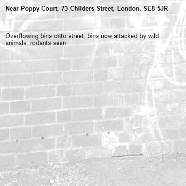 Overflowing bins onto street, bins now attacked by wild animals, rodents seen -Poppy Court, 73 Childers Street, London, SE8 5JR