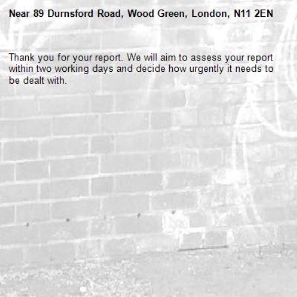 Thank you for your report. We will aim to assess your report within two working days and decide how urgently it needs to be dealt with.-89 Durnsford Road, Wood Green, London, N11 2EN