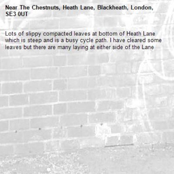 Lots of slippy compacted leaves at bottom of Heath Lane which is steep and is a busy cycle path. I have cleared some leaves but there are many laying at either side of the Lane -The Chestnuts, Heath Lane, Blackheath, London, SE3 0UT