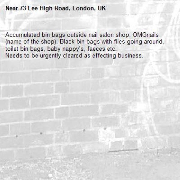 Accumulated bin bags outside nail salon shop. OMGnails (name of the shop). Black bin bags with flies going around, toilet bin bags, baby nappy's, faeces etc.
Needs to be urgently cleared as effecting business.-73 Lee High Road, London, UK
