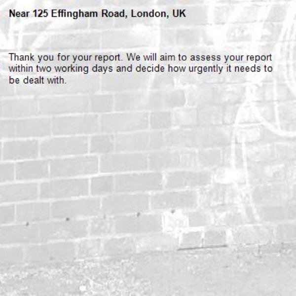 Thank you for your report. We will aim to assess your report within two working days and decide how urgently it needs to be dealt with.-125 Effingham Road, London, UK