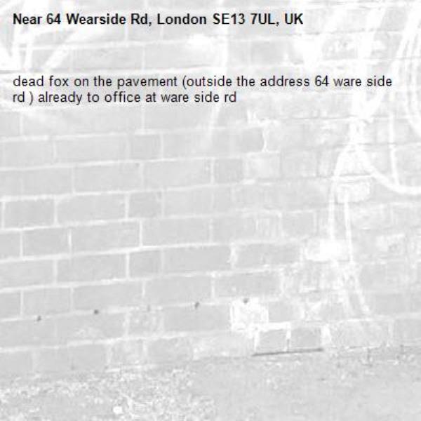 dead fox on the pavement (outside the address 64 ware side rd ) already to office at ware side rd-64 Wearside Rd, London SE13 7UL, UK