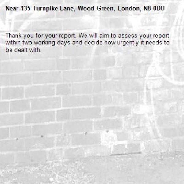 Thank you for your report. We will aim to assess your report within two working days and decide how urgently it needs to be dealt with.-135 Turnpike Lane, Wood Green, London, N8 0DU