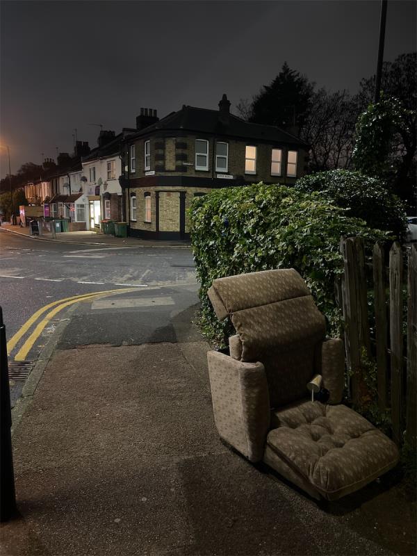 Discarded chair at corner of grange road and upper road -148 Grange Road, Plaistow, London, E13 0HB