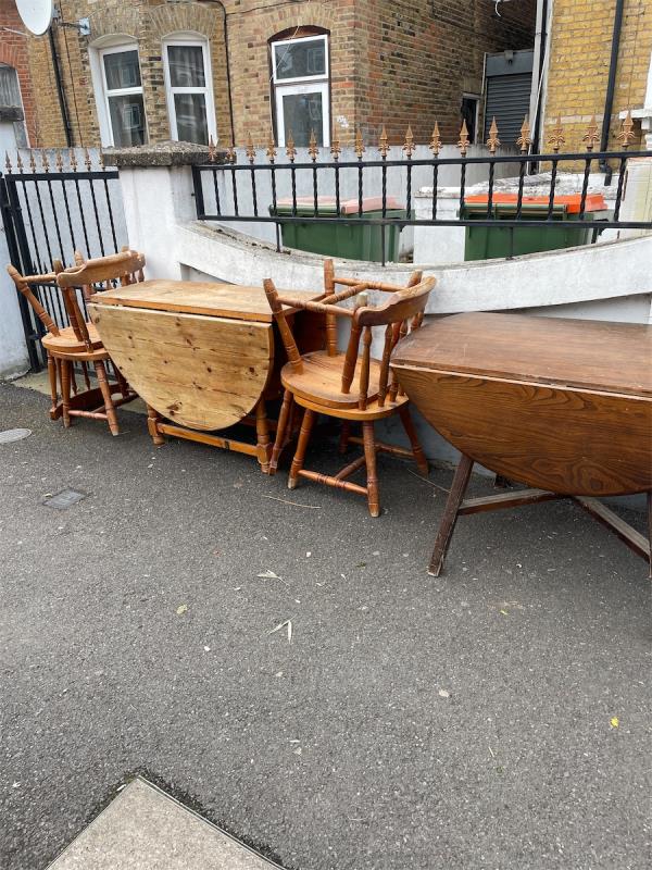 Fly tipping on pavement including household furniture -Flat 1, Haastrup Court, 159 Earlham Grove, Forest Gate, London, E7 9AP