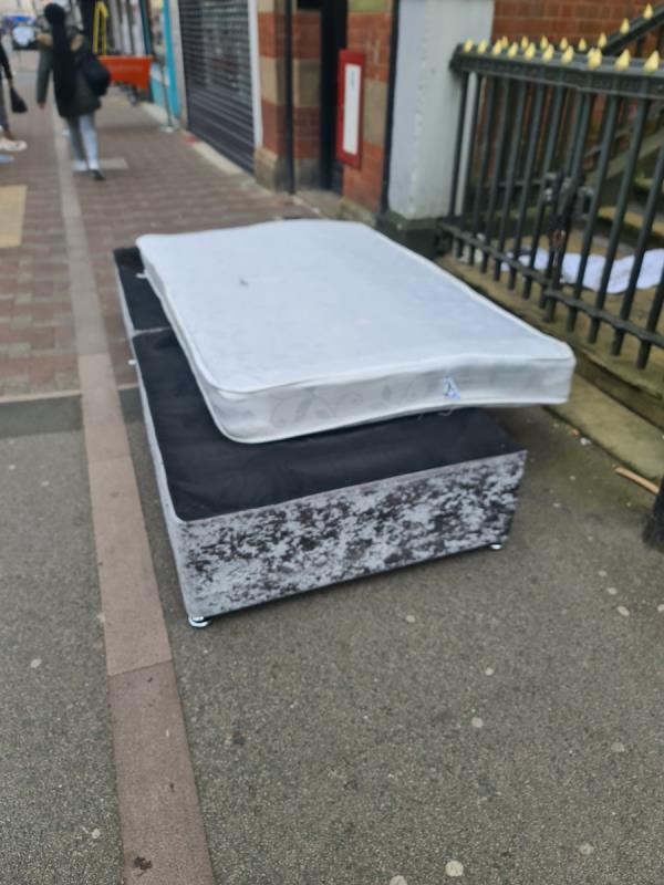 A double bed base and mattress has been dumped on Belvoir street and bolwing green street junction. Have stood it up and cleared pavement. -King Street, Leicester