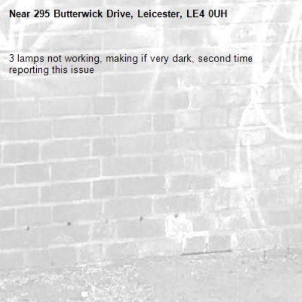3 lamps not working, making if very dark, second time reporting this issue-295 Butterwick Drive, Leicester, LE4 0UH