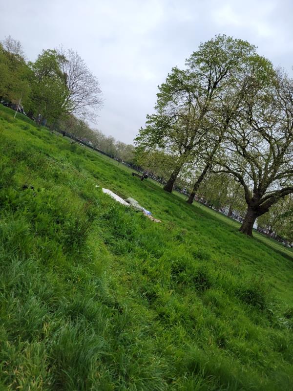 Mattress dumped in middle of the long grass in Central Park near entrance on Cheltenham Gardens -286 Central Park Road, East Ham, London, E6 3AD