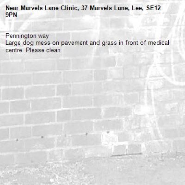 Pennington way
Large dog mess on pavement and grass in front of medical centre. Please clean
-Marvels Lane Clinic, 37 Marvels Lane, Lee, SE12 9PN