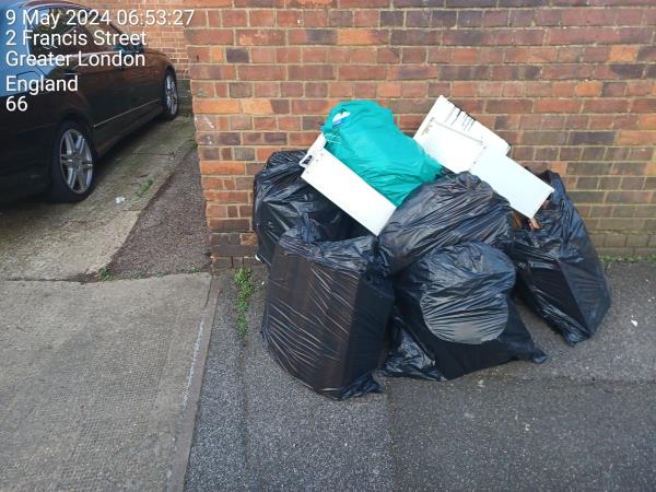 Waste dumped on pavement by local restaurant..please investigate,  next to the bins as usual. -18 Francis Street, Stratford, London, E15 1JG
