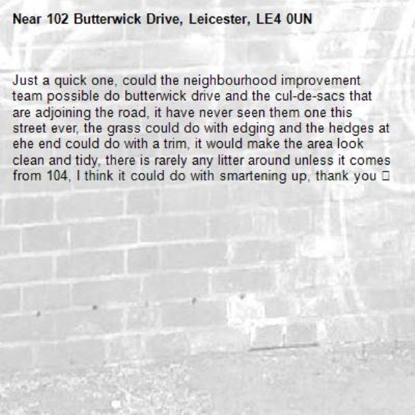 Just a quick one, could the neighbourhood improvement team possible do butterwick drive and the cul-de-sacs that are adjoining the road, it have never seen them one this street ever, the grass could do with edging and the hedges at ehe end could do with a trim, it would make the area look clean and tidy, there is rarely any litter around unless it comes from 104, I think it could do with smartening up, thank you 😊 -102 Butterwick Drive, Leicester, LE4 0UN