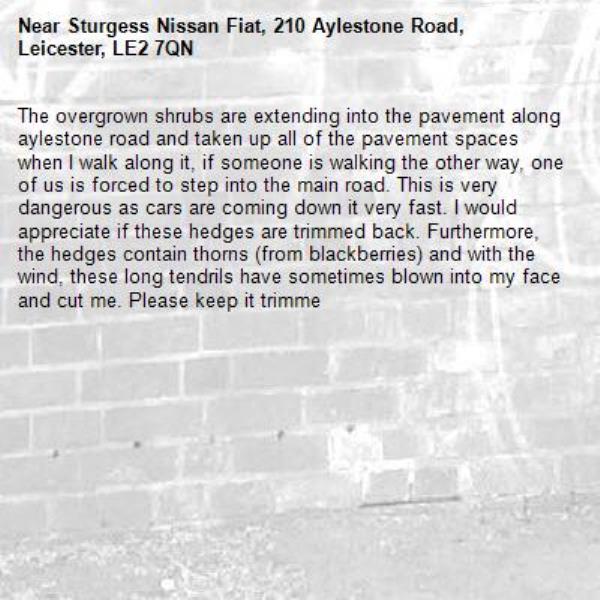 The overgrown shrubs are extending into the pavement along aylestone road and taken up all of the pavement spaces when I walk along it, if someone is walking the other way, one of us is forced to step into the main road. This is very dangerous as cars are coming down it very fast. I would appreciate if these hedges are trimmed back. Furthermore, the hedges contain thorns (from blackberries) and with the wind, these long tendrils have sometimes blown into my face and cut me. Please keep it trimme-Sturgess Nissan Fiat, 210 Aylestone Road, Leicester, LE2 7QN