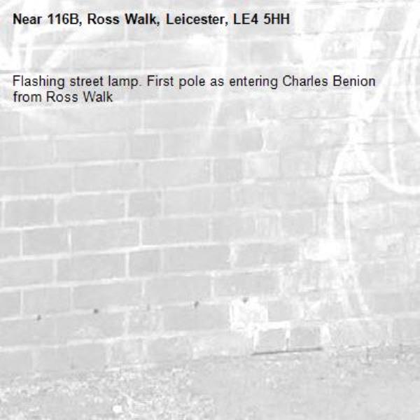 Flashing street lamp. First pole as entering Charles Benion from Ross Walk-116B, Ross Walk, Leicester, LE4 5HH