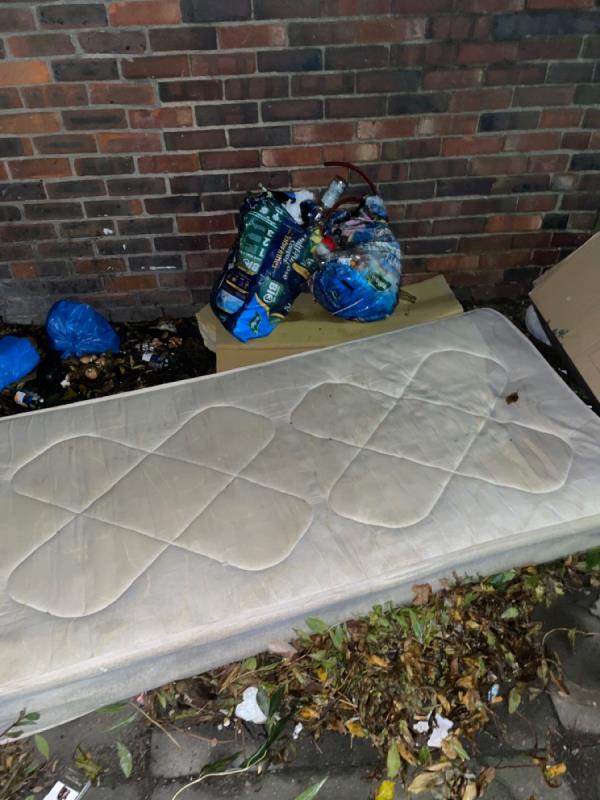 Single mattress attire two boxes and paper bags add plastic bags with bottles in dumped the bottom of Geere Road junction of you Plaistow Rd by the flowerbed-146 Plaistow Road, West Ham, E15 3HJ, England, United Kingdom