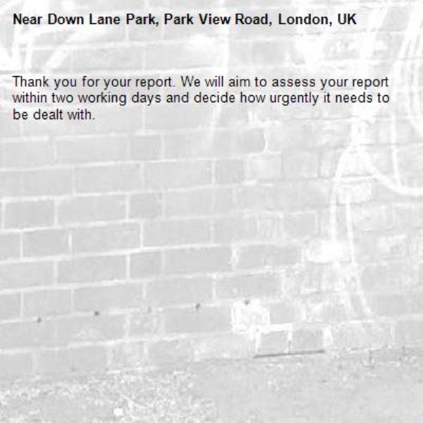 Thank you for your report. We will aim to assess your report within two working days and decide how urgently it needs to be dealt with.-Down Lane Park, Park View Road, London, UK