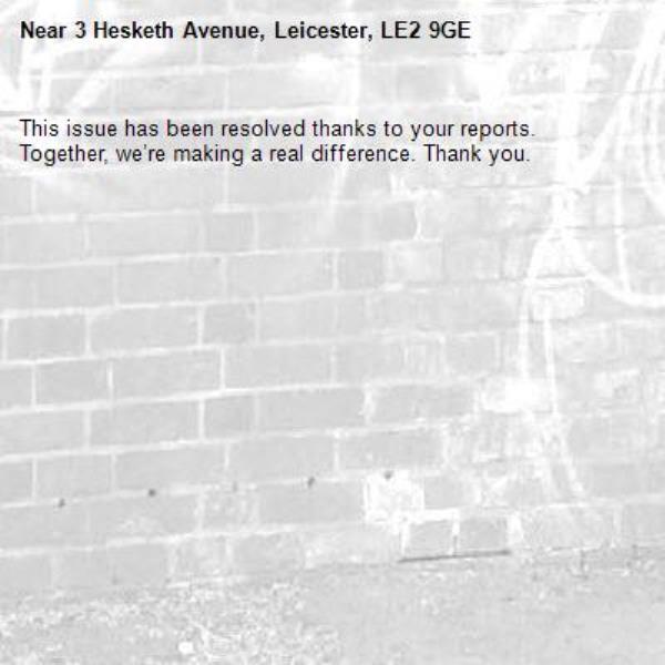 This issue has been resolved thanks to your reports.
Together, we’re making a real difference. Thank you.
-3 Hesketh Avenue, Leicester, LE2 9GE