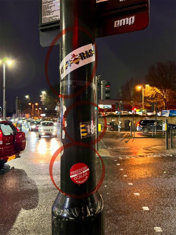 Please remove the stickers which have been flyposted to the lamppost at the pedestrian crossing by Lothair Road North and Green Lanes (across to Williamson Road). Thank you.-Shop, 361 Green Lanes, Hornsey, London, N4 1DY