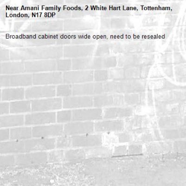 Broadband cabinet doors wide open, need to be resealed -Amani Family Foods, 2 White Hart Lane, Tottenham, London, N17 8DP