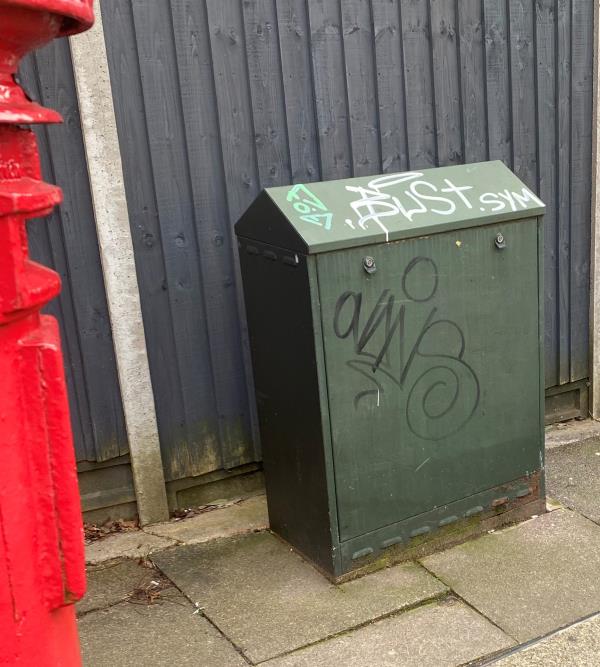 Graffiti on green box-50 Banks Road, Leicester, LE2 8HA