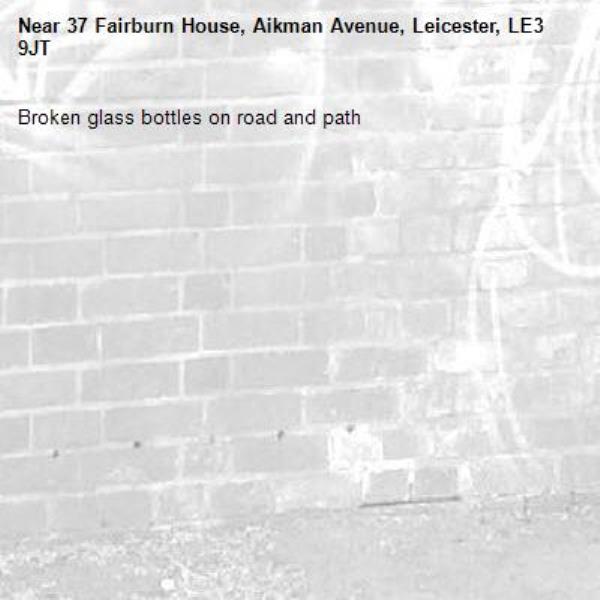Broken glass bottles on road and path -37 Fairburn House, Aikman Avenue, Leicester, LE3 9JT