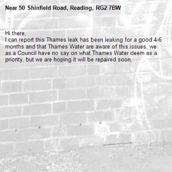 Hi there,
I can report this Thames leak has been leaking for a good 4-6 months and that Thames Water are aware of this issues, we as a Council have no say on what Thames Water deem as a priority, but we are hoping it will be repaired soon. -50 Shinfield Road, Reading, RG2 7BW