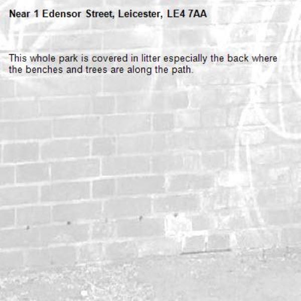 This whole park is covered in litter especially the back where the benches and trees are along the path.-1 Edensor Street, Leicester, LE4 7AA
